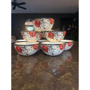 Set of 8 Cracker Barrel Rooster and Red Poppy Ceramic Cereal Soup Bowls 7 Inch